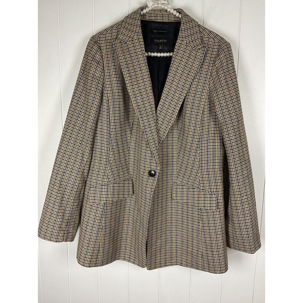 Talbots Houndstooth Blazer Wool Blend Womens SZ 12‎ Italy Fabric Acedemia Lined